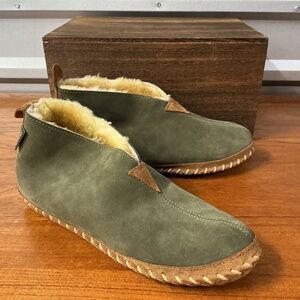 L.L. Bean Men Olive Leather Lined Slipper Moccasin Bootie Size 11 Suede Sole